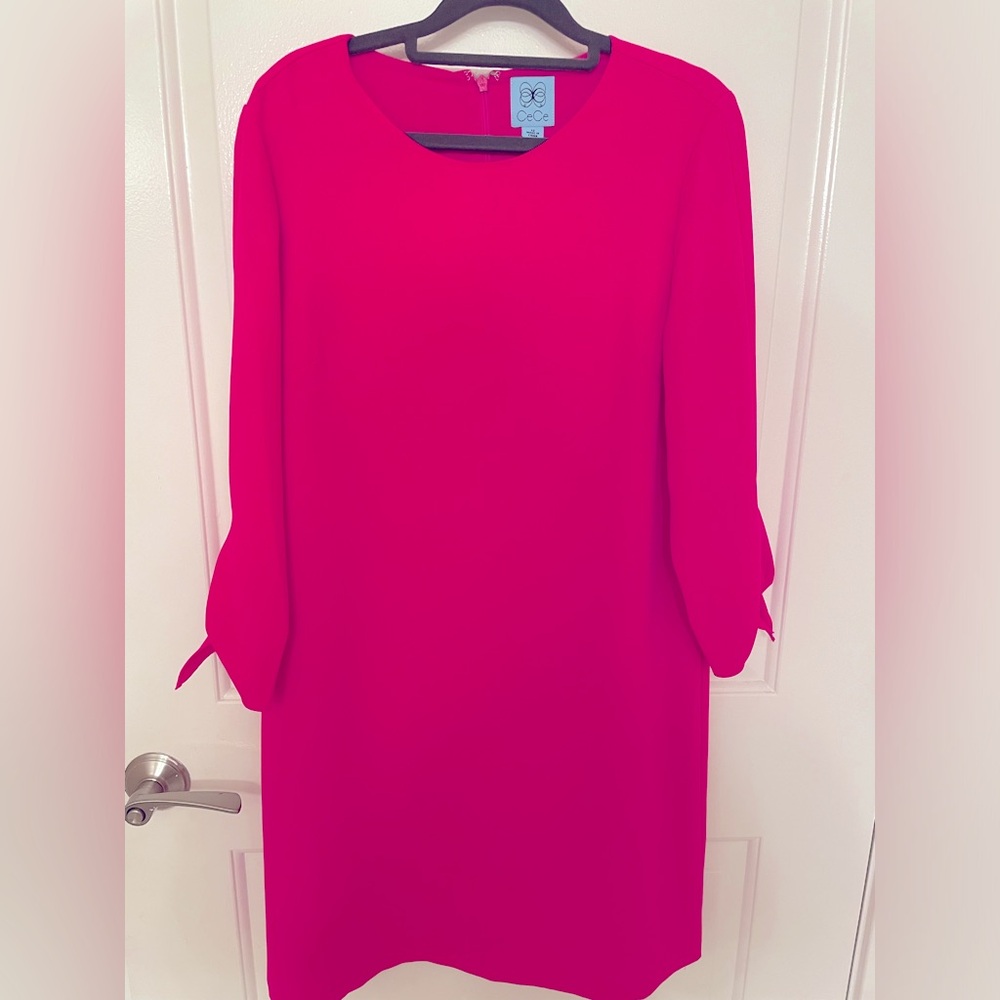 Women's Tie Cuff 3/4-Sleeve Crew Neck Shift Dress. Size 12, garden rose pink